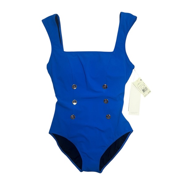 GOTTEX cobolt blue Montecarlo cap sleeve square neck one piece swimsuit size 8 - Picture 2 of 8